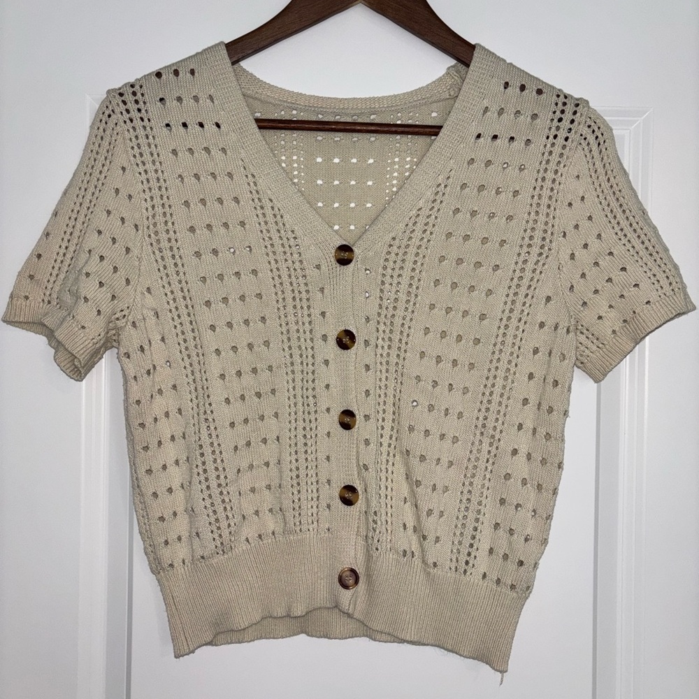 Oatmeal Crochet/Knit Cropped Garden Grandmacore Cottagecore Cardigan